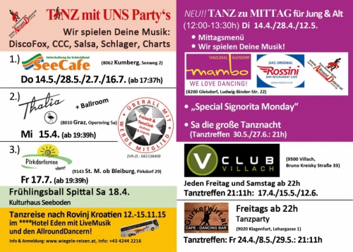 Seecafe vom Do 14.5. bis 16.7. ab 17:37h TANZ mit UNS PARTY: Pirkdorfersee  TANZ zu Mittag, VClub